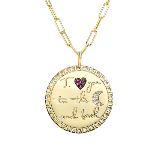 14K Gold Pavé Diamond & Ruby "I Love You To The Moon And Back" Celestial Medallion Necklace