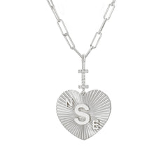 14K Gold Pavé Diamond "I Love" Monogram Initial Fluted Heart Charm Necklace