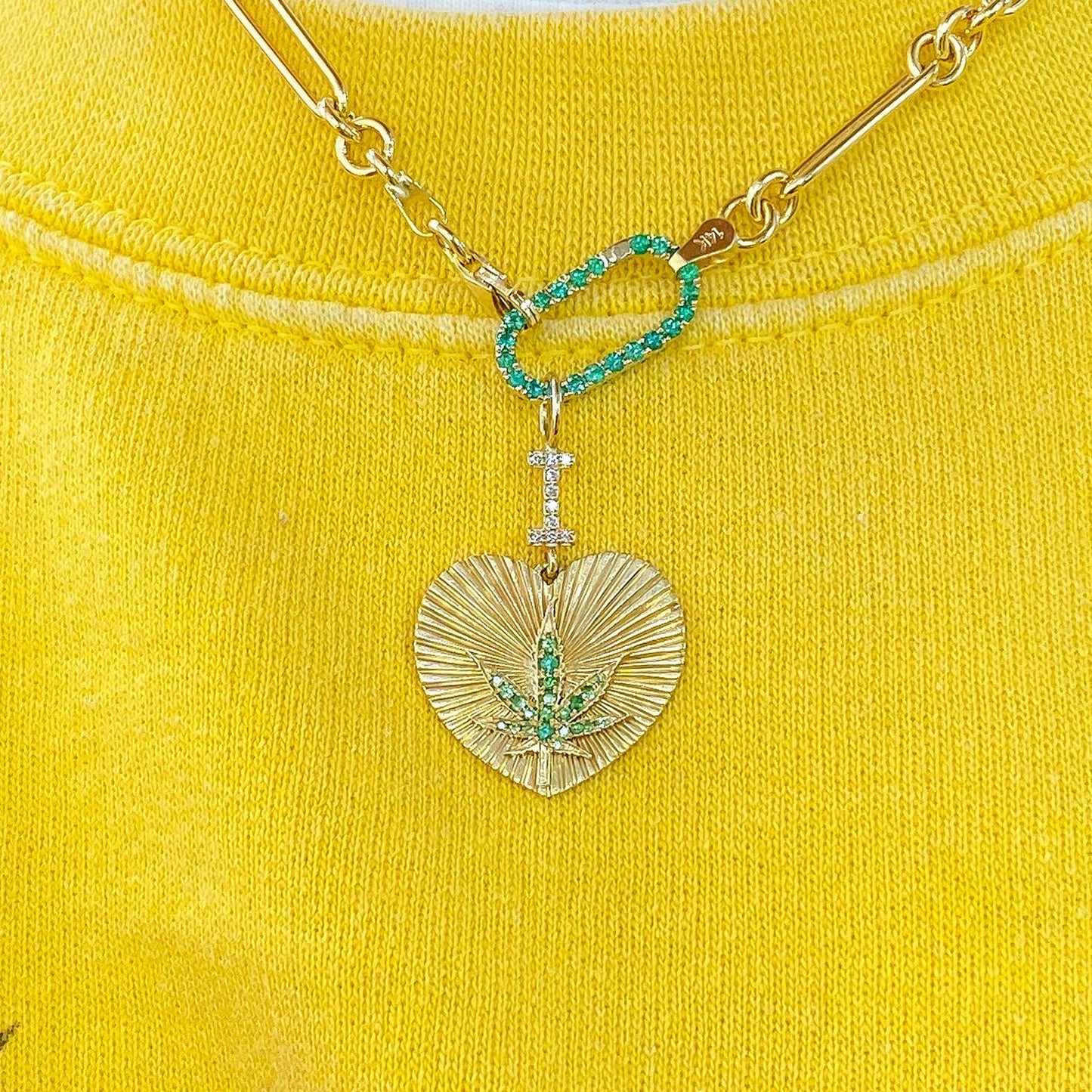 14K Gold Pavé Diamond & Tsavorite "I Love Marijuana" Charm Necklace