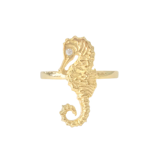 14K Gold Large Size Seahorse Ring with Diamond Eye