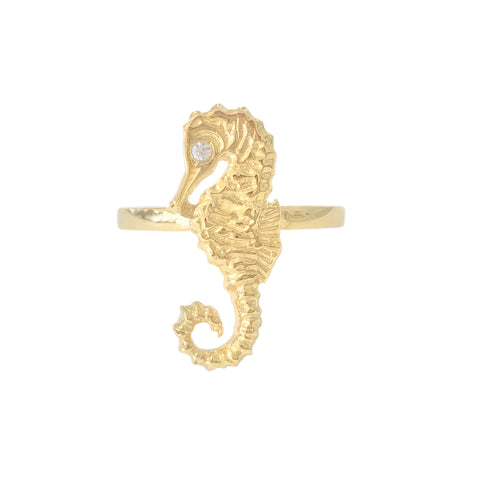 14K Gold Large Size Seahorse Ring with Diamond Eye