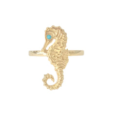 14K Gold Large Size Seahorse Ring with Turquoise Eye