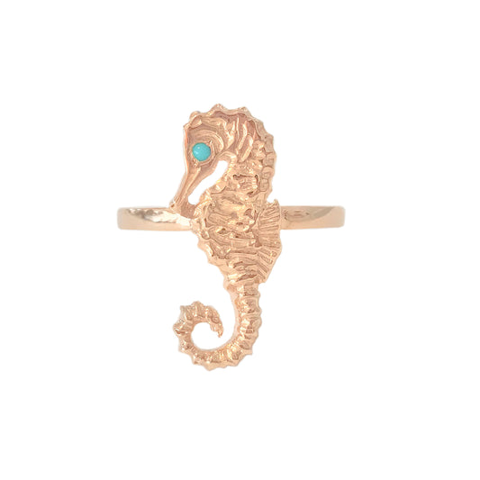 14K Gold Large Size Seahorse Ring with Turquoise Eye