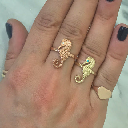14K Gold Large Size Seahorse Ring with Diamond Eye