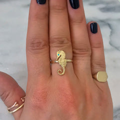 14K Gold Large Size Seahorse Ring with Turquoise Eye