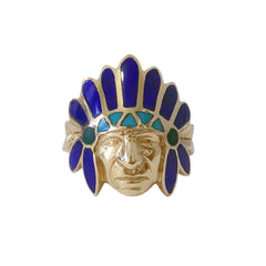 14K Gold Chief Head Ring ~ Lapis Lazuli, Turquoise & Malachite