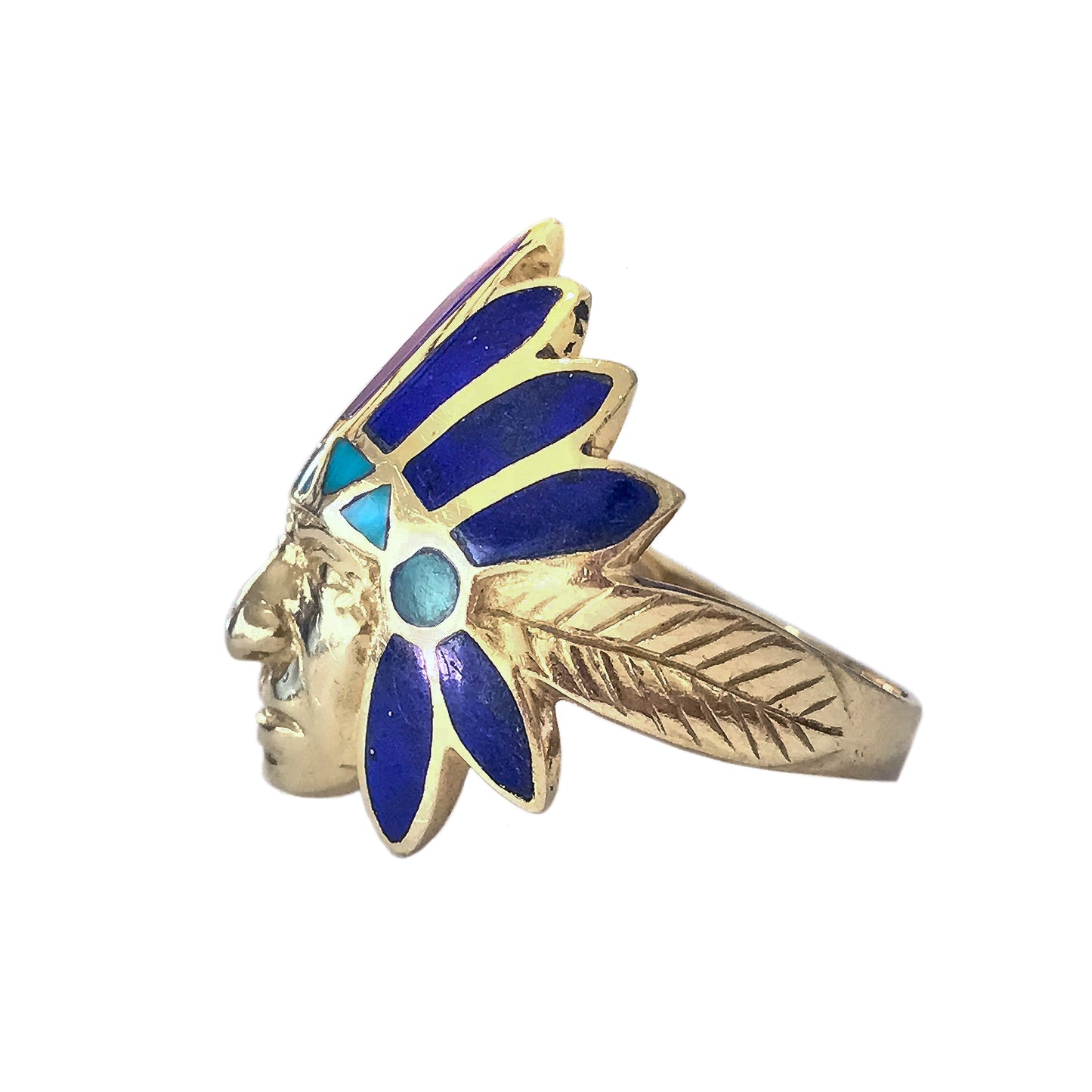 14K Gold Chief Head Ring ~ Lapis Lazuli, Turquoise & Malachite