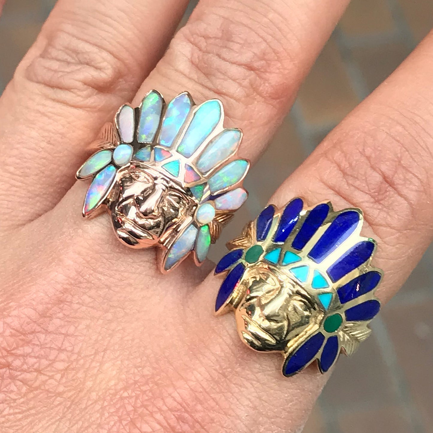 14K Gold Chief Head Ring ~ Lapis Lazuli, Turquoise & Malachite