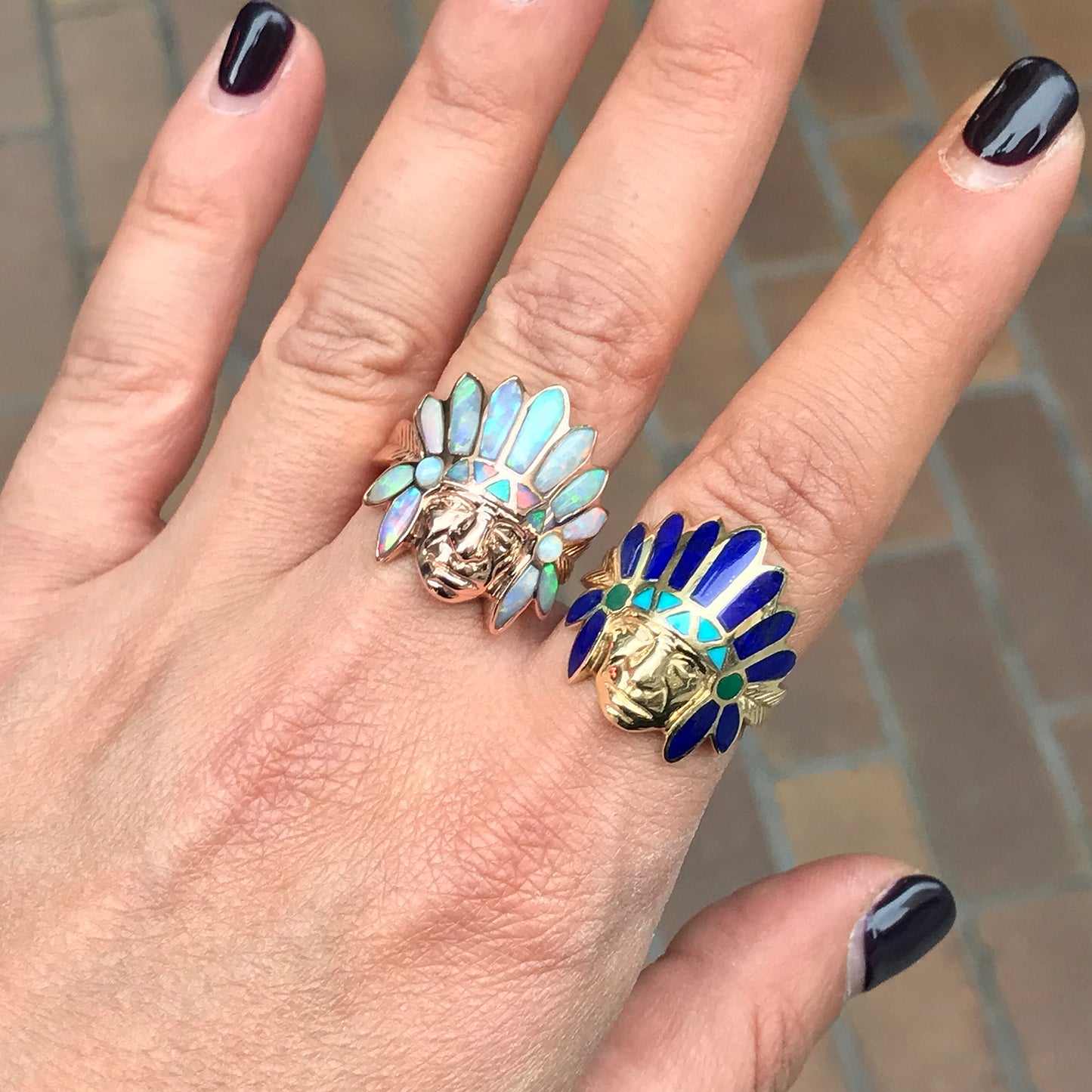 14K Gold Chief Head Ring ~ Lapis Lazuli, Turquoise & Malachite