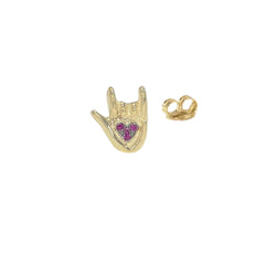 14K Gold Ruby "I Love You" Hand Sign Language Stud Earring