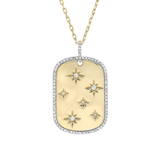 14K Gold Pavé Diamond Starburst Dog Tag Pendant Necklace, Large Size ~ One Of A Kind LIMITED EDITION