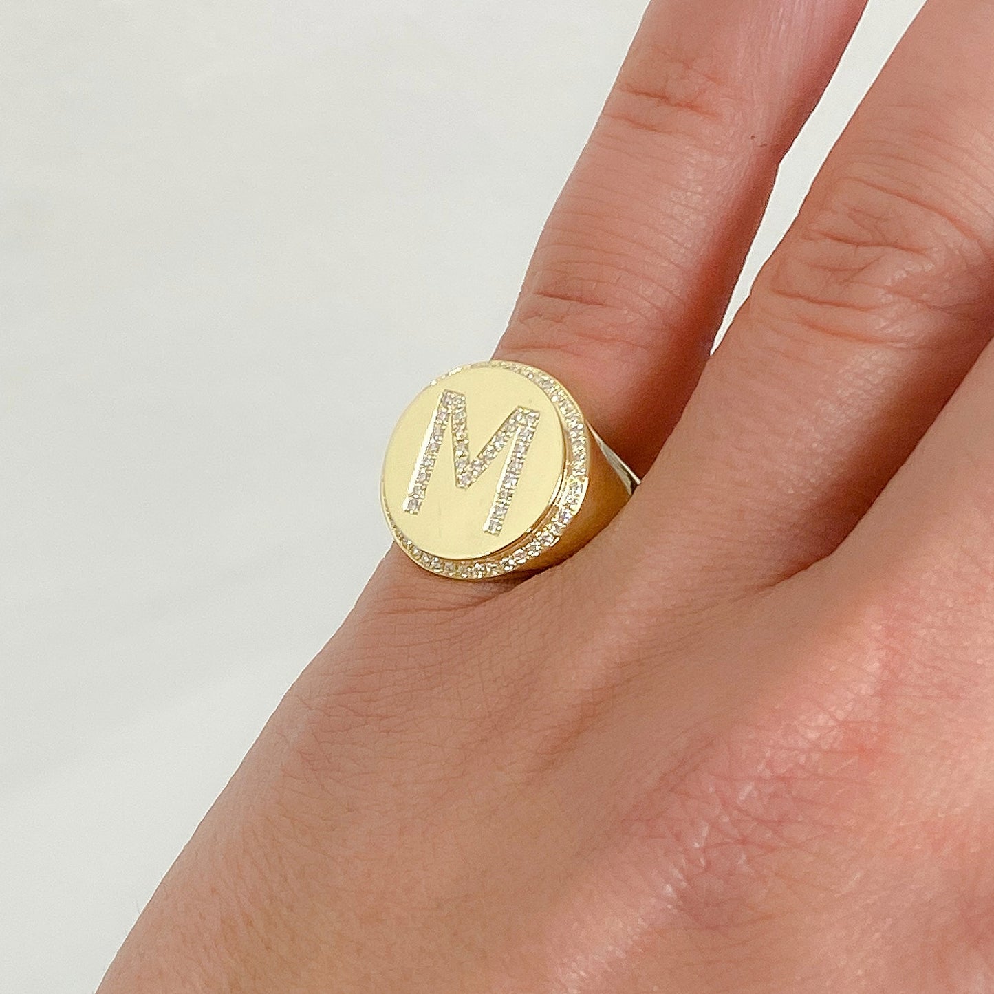 14K Gold Pavé Diamond Initial Large Round Signet Ring