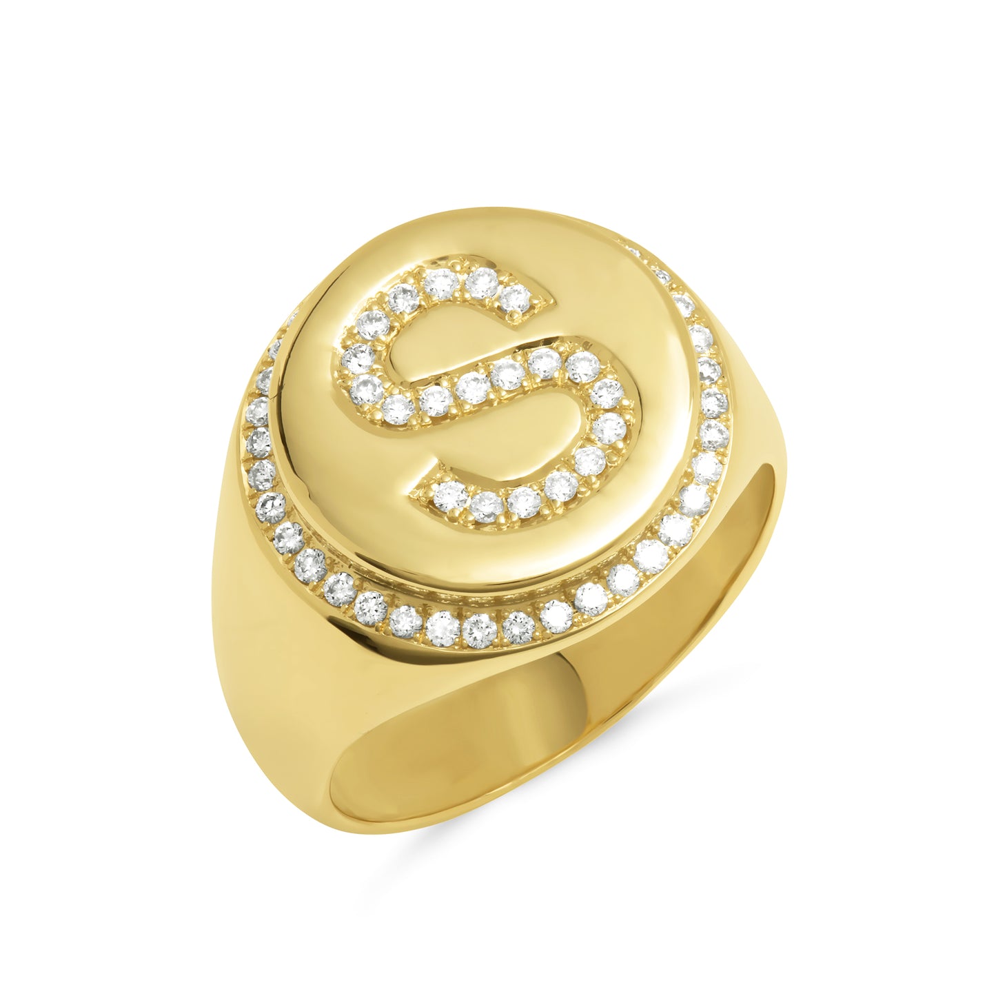 14K Gold Pavé Diamond Initial Large Round Signet Ring