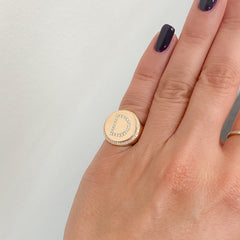 14K Gold Pavé Diamond Initial Large Round Signet Ring