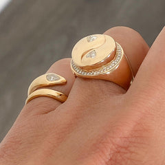 14K Gold Diamond Heart Yin Yang Large Round Signet Ring