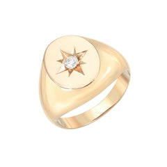 14K Gold Star Set Diamond Oval Signet Ring ~ Large Size