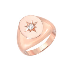 14K Gold Star Set Diamond Oval Signet Ring ~ Large Size