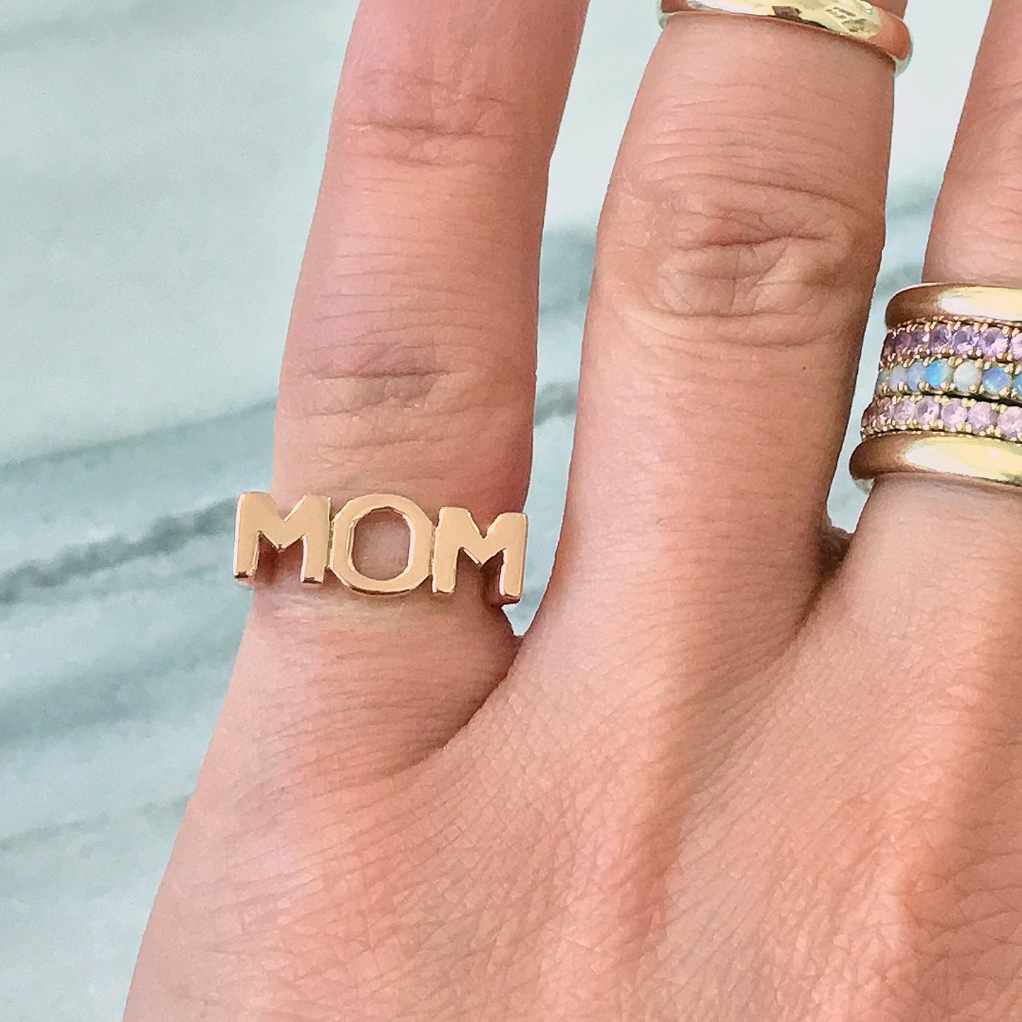 14K Gold "MOM" Monogram Initial Ring