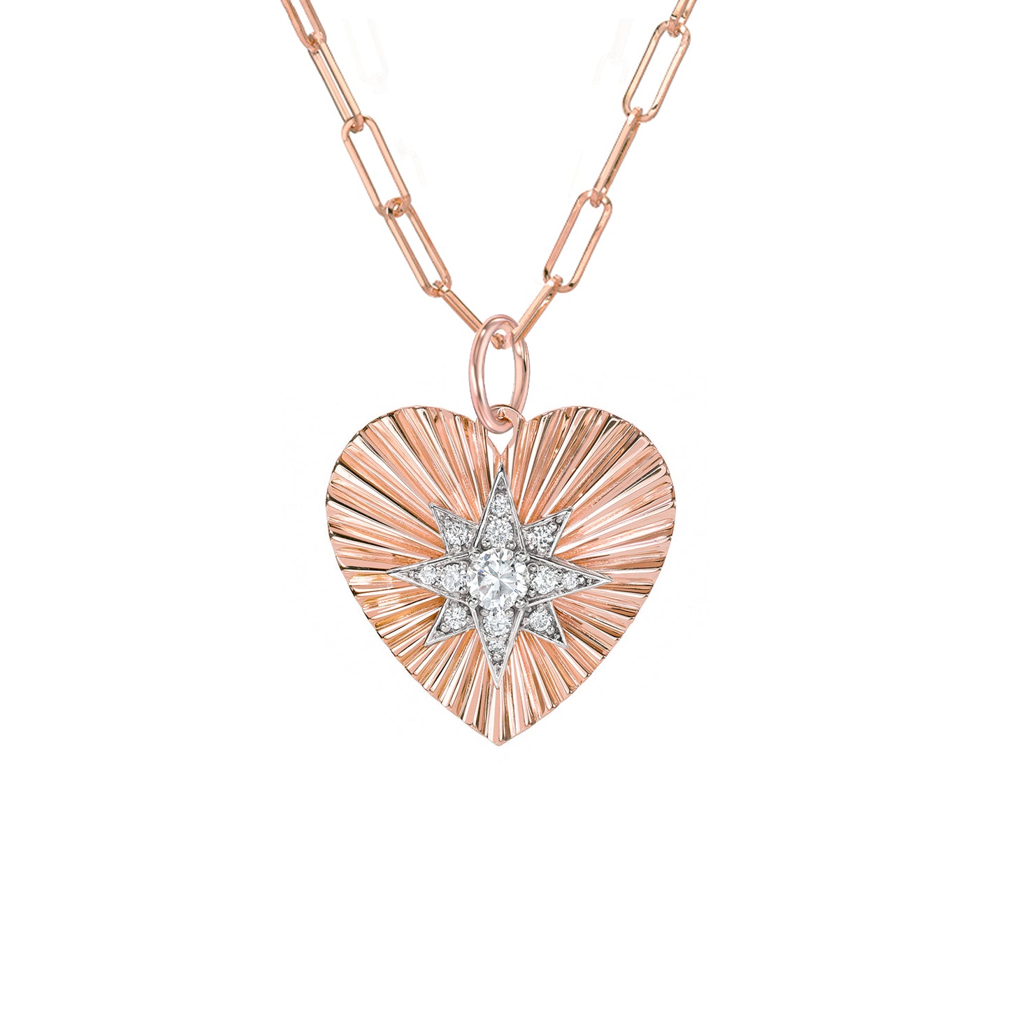 14K Gold Pavé Diamond Starburst Fluted Heart Medallion Necklace, Medium Size