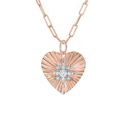 14K Gold Pavé Diamond Starburst Fluted Heart Medallion Necklace, Medium Size