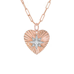 14K Gold Pavé Diamond Starburst Fluted Heart Medallion Necklace, Medium Size ~ In Stock!
