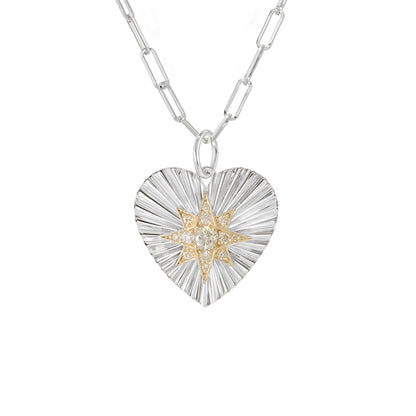 14K Gold Pavé Diamond Starburst Fluted Heart Medallion Necklace, Medium Size