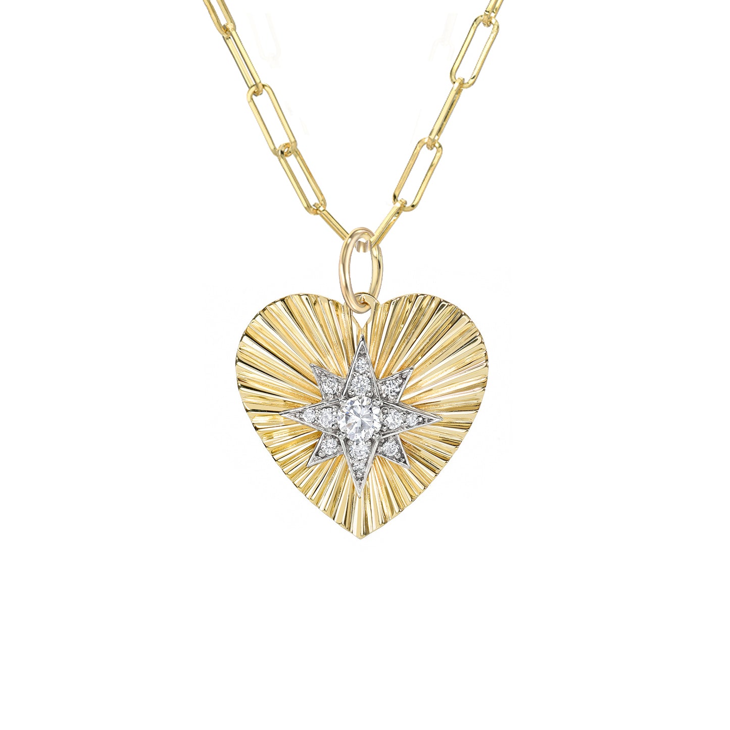 14K Gold Pavé Diamond Starburst Fluted Heart Medallion Necklace, Medium Size