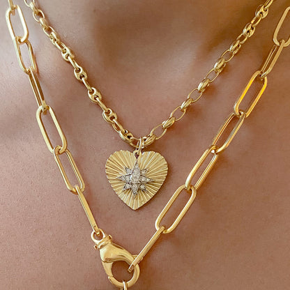 14K Gold Pavé Diamond Starburst Fluted Heart Medallion Necklace, Medium Size