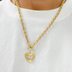 14K Gold Pavé Diamond Starburst Fluted Heart Medallion Necklace, Medium Size