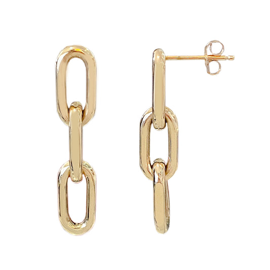 14K Gold Triple Thick Oval Link Chain Dangle Stud Earrings, Small Size Links