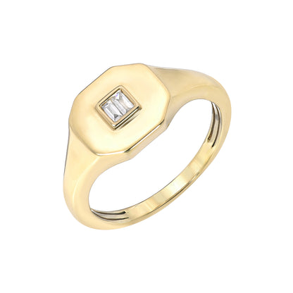 14K Gold Diamond Baguette Octagonal Signet Ring ~ LIMITED EDITION