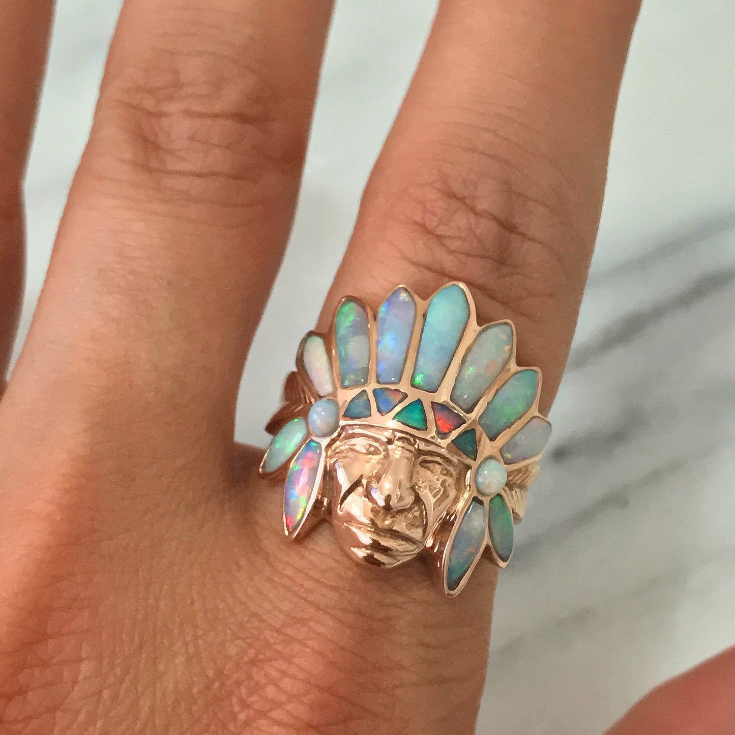 14K Gold Chief Head Ring ~ Opal