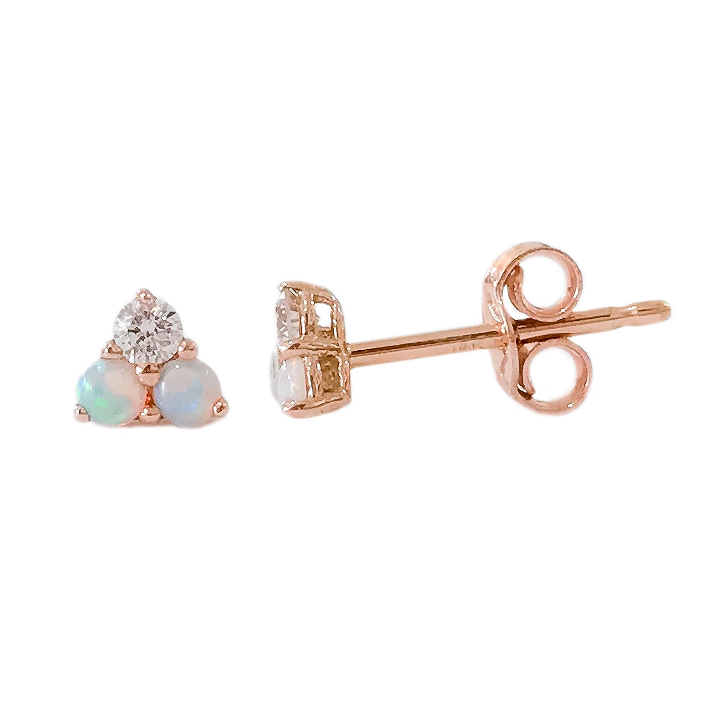 14K Gold Tri Opal & Diamond Trinity Cluster Stud Earrings