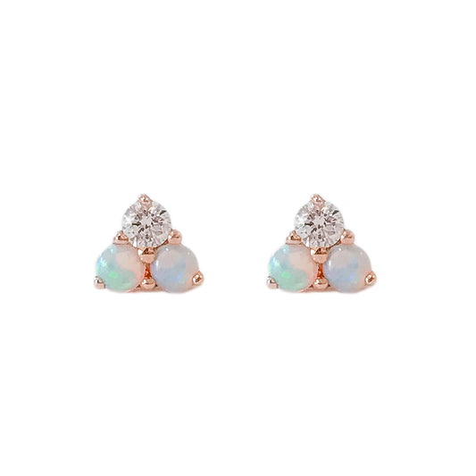 14K Gold Tri Opal & Diamond Trinity Cluster Stud Earrings