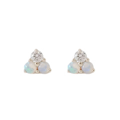 14K Gold Tri Opal & Diamond Trinity Cluster Stud Earrings