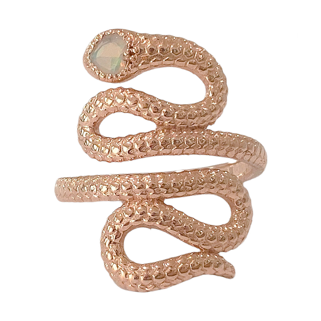 14K Gold Swivel Serpent Snake Wrap Ring ~ Faceted Opal Heart