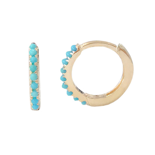 14K Gold Pavé Turquoise Medium Size (10mm) Huggie Hoop Earrings