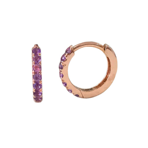 14K Gold Pavé Purple Sapphire Small Size (9mm) Huggie Hoop Earrings