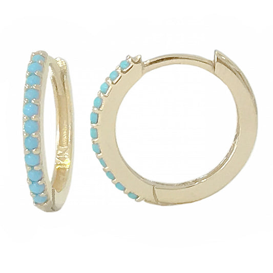 14K Gold Pavé Turquoise XL Size (15mm) Huggie Hoop Earrings