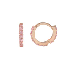 14K Gold Full Pavé Pink Sapphire XS Size (8mm) Huggie Hoop Earrings