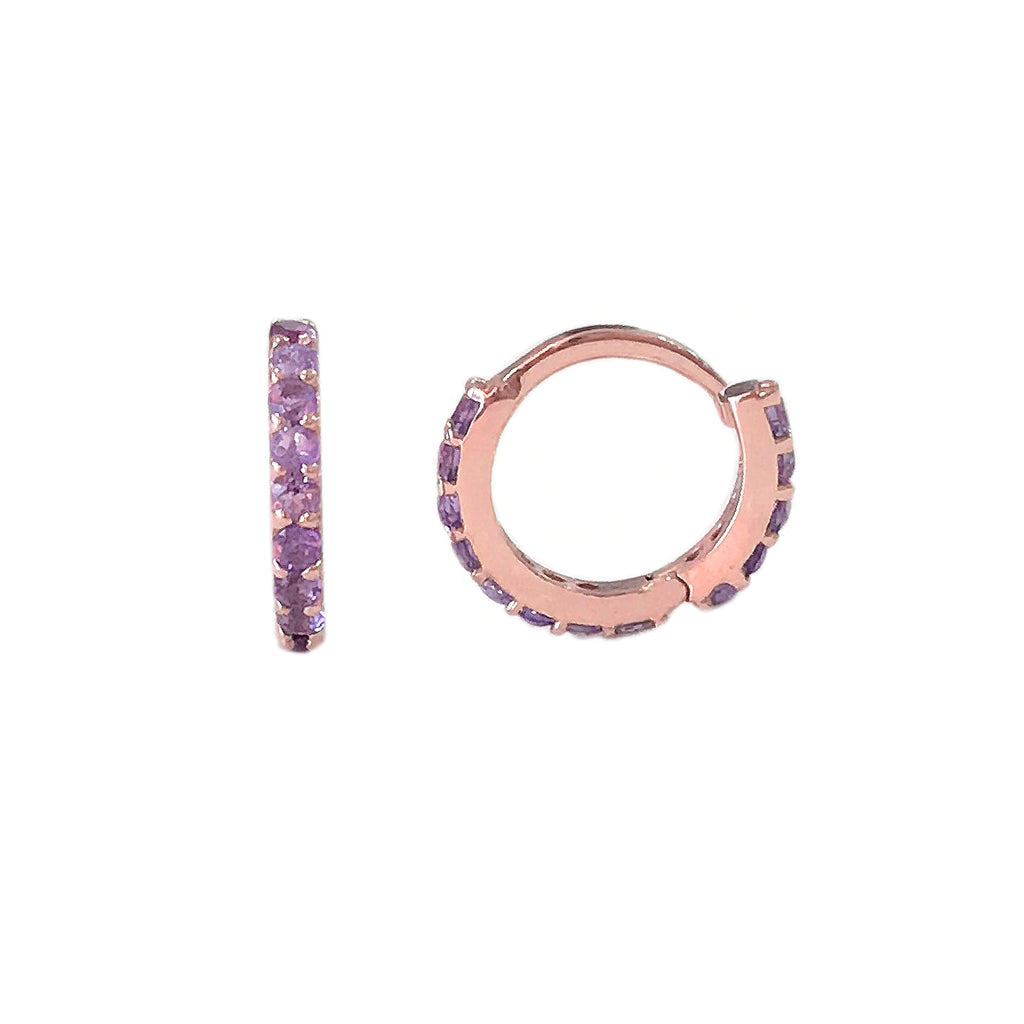 14K Gold Full Pavé Purple Sapphire XS Size (8mm) Huggie Hoop Earrings