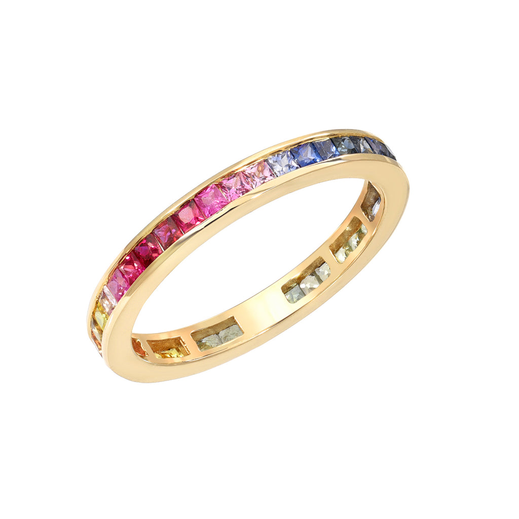 14K Gold Channel Set Princess Cut Rainbow Gemstone Full Eternity Band ~ LIMITED EDITION