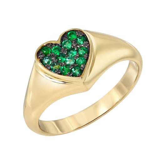 14K Gold Pavé Emerald Heart Signet Ring