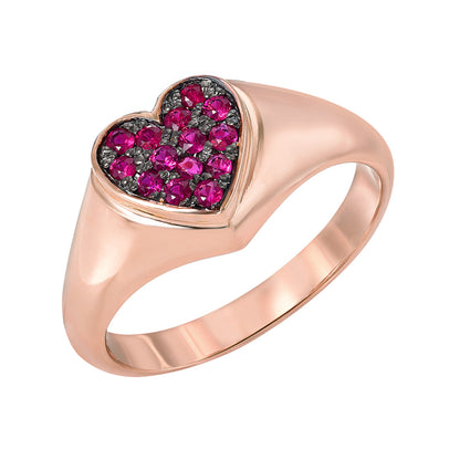 14K Gold Pavé  Ruby Heart Signet Ring