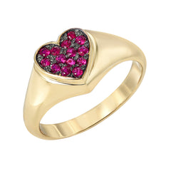14K Gold Pavé  Ruby Heart Signet Ring