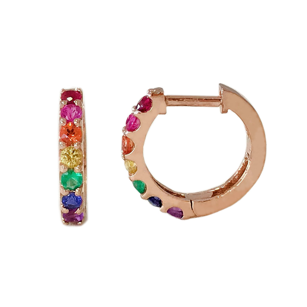 14K Gold Rainbow Gemstone Thick Huggie Hoop Earrings (11.5mm x 8.25mm)
