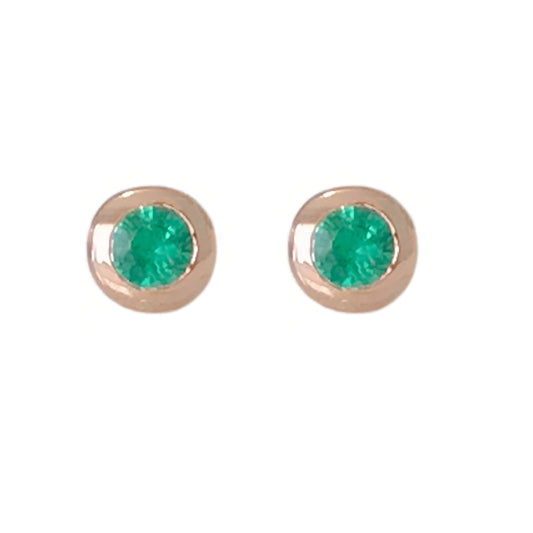 14K Gold 2.5mm Solitaire Emerald Round Bezel Set Stud Earrings