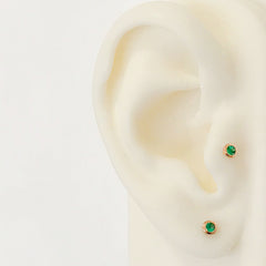 14K Gold 2.5mm Solitaire Emerald Round Bezel Set Stud Earrings