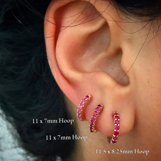 14K Gold Ruby Thick Huggie Hoop Earrings (11mm x 6mm)