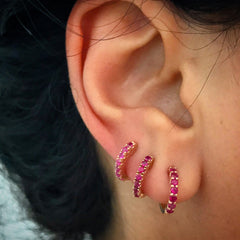 14K Gold Ruby Thick Huggie Hoop Earrings (11.5mm x 8.25mm)